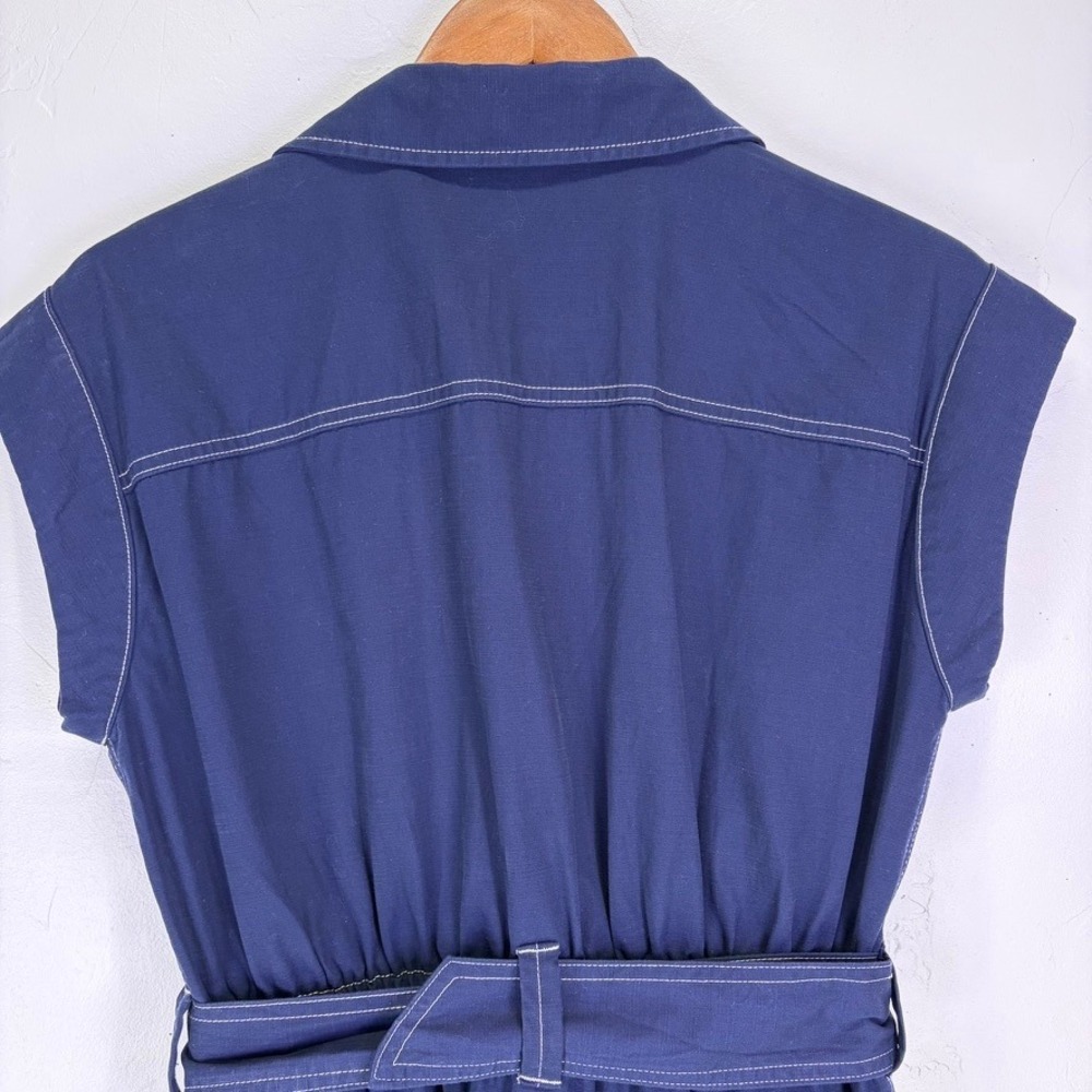 Women's Navy Blue Utility Midi Button Up Shirt Dress White Stitch Small Cotton - Picture 8 of 15